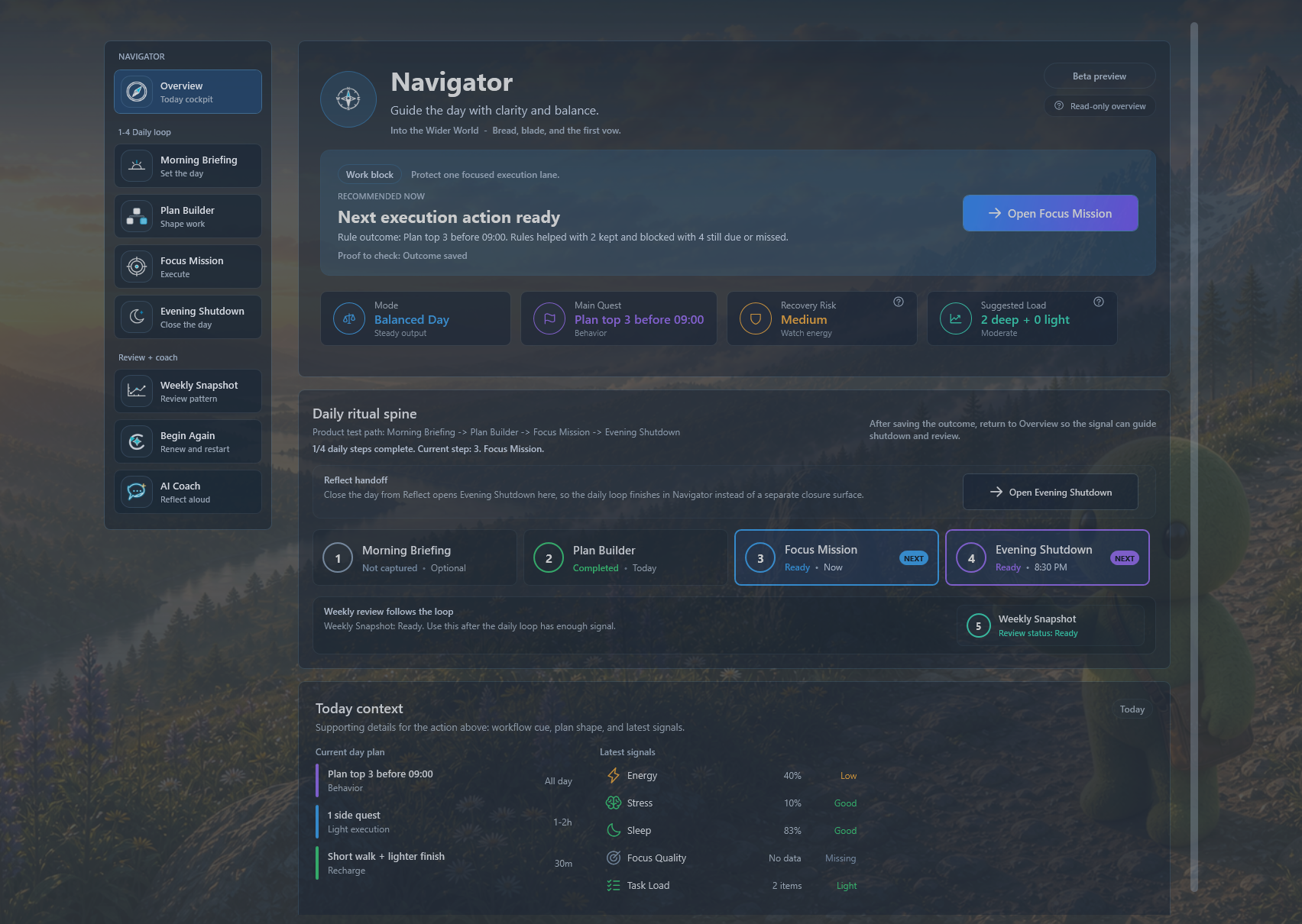 Runeka Navigator overview showing the daily ritual, current focus mission, and Evening Shutdown action