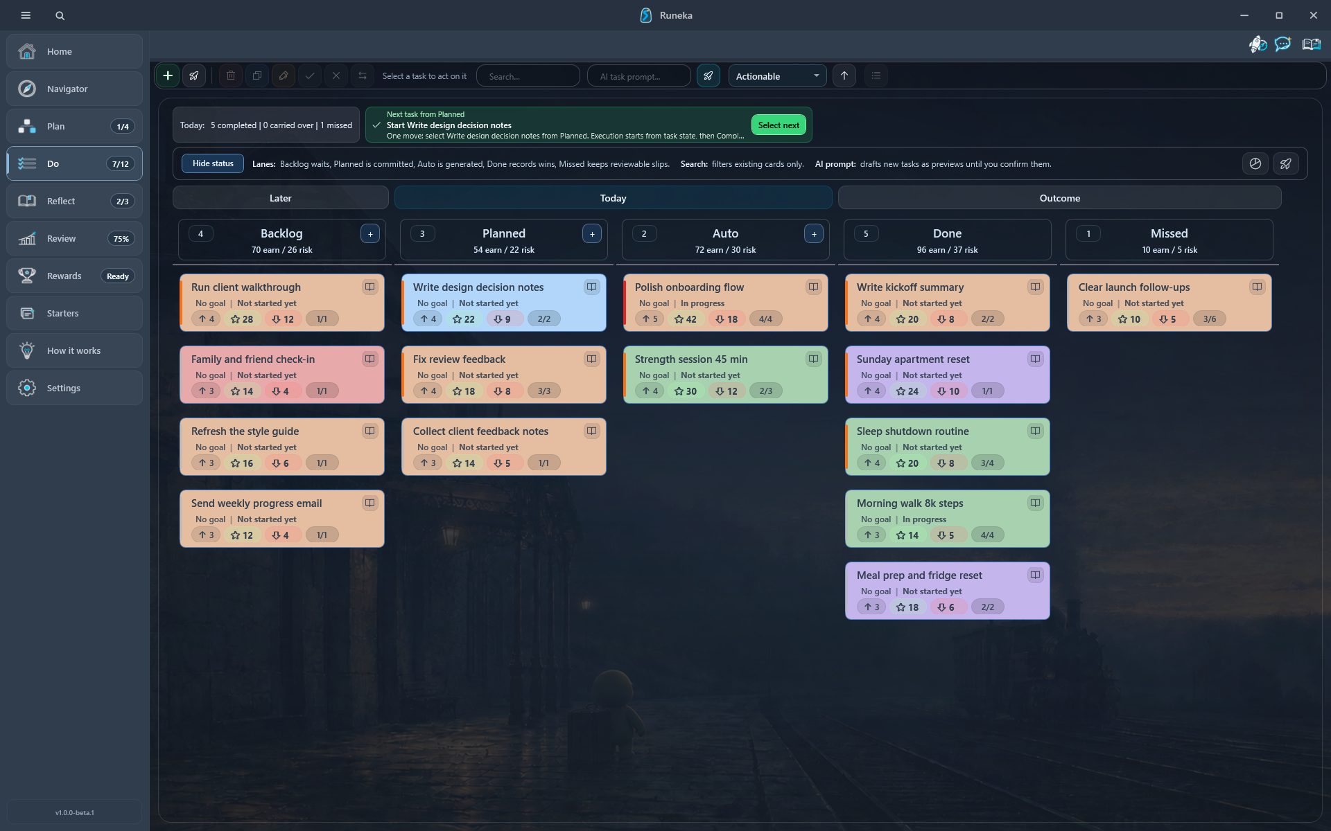 Runeka Tasks board with planned, backlog, and completed work