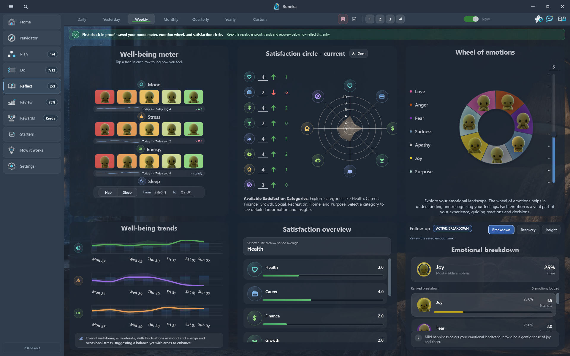 Runeka Wellbeing with mood, stress, energy, sleep, and emotion patterns